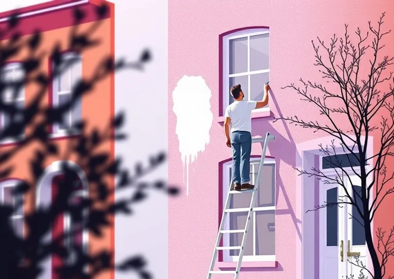 Peintre sur échafaudage traitant la façade d'une maison