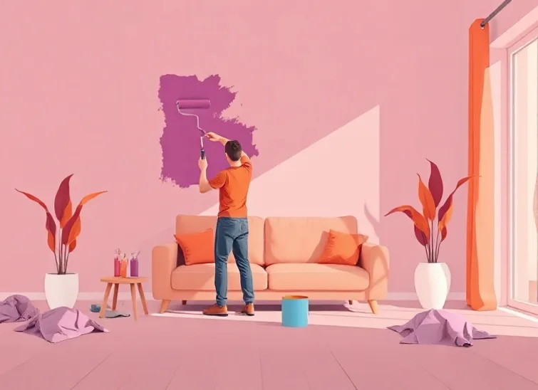 Peintre appliquant la peinture au rouleau sur un mur de salon